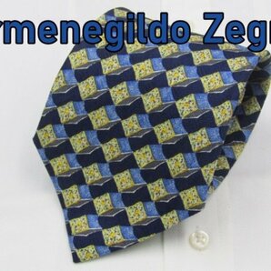 【ゼニア】 OC 387 エルメネジルド・ゼニア Ermenegildo Zegna ネクタイ 紺色系 スクエアパターン プリントの画像1