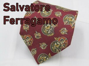 【フェラガモ】 OC 415 サルヴァトーレ・フェラガモ Salvatore Ferragamo ネクタイ 赤系 アニマル 植物 プリント