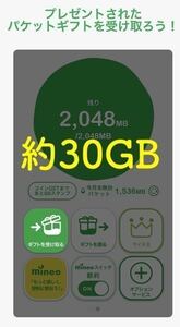 【匿名迅速】定額　マイネオ　mineo パケットギフト 合計約30GB(約10GBの9999MBが3個で1セット)のギフトコード、再発行有