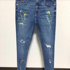 伸縮性抜群 春夏 ペイント ZARA MAN ストレッチ スキニー 40 31 ダメージ デニム パンツ メンズ ジーンズ