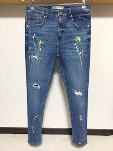 伸縮性抜群 春夏 ペイント ZARA MAN ストレッチ スキニー 40 31 ダメージ デニム パンツ メンズ ジーンズ