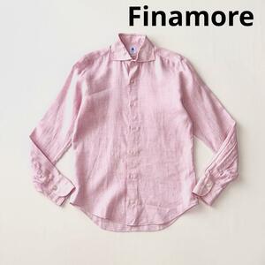 Finamore フィナモレ ワイドカラー リネン シャツ S ピンク メンズ カッタウェイ ホリゾンタル 麻 春夏 長袖 無地 イタリア製 国内正規