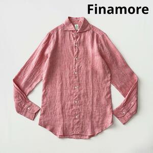 Finamore フィナモレ ワイドカラー リネン シャツ S ピンク メンズ カッタウェイ ホリゾンタル 麻 春夏 長袖 無地 イタリア製 国内正規