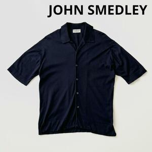 JOHN SMEDLEY ジョンスメドレー シーアイランドコットン オープンカラー ニットシャツ M ネイビー 紺 30ゲージ ハイゲージ 半袖 国内正規