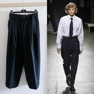 【Dries Van Noten 19aw ベルテッド ワイド スラックス】メンズ レディース ベルト付 ダブル タック パンツ 黒無地 美品