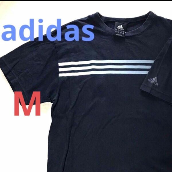 adidas アディダス Tシャツ 紺 ネイビー 3本線 プリントロゴ タグ グラデーション シンプル 半袖 M メンズ 古着