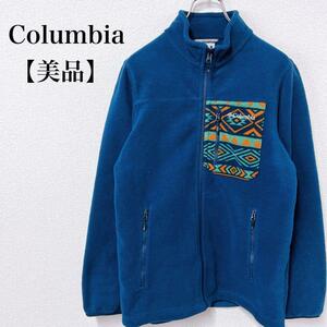 【美品】Columbia 刺繍ロゴ 幾何学模様 連結可能 フルジップ フリース　コロンビア　L ネイビー