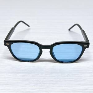 カラーサングラス メガネ 眼鏡 ケース付き ブラックフレーム ブルーレンズ UVカット 遮光 ウェリントン ボストン 薄い色 