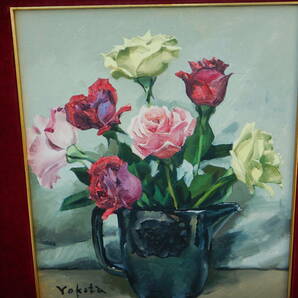 SK.油絵 「バラ」 薔薇 サイン：YOKOTA 横田 静物画 油彩画 木製額 額縁 肉筆画 額装 真筆保証 真作 F８の画像2