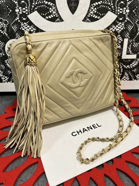 ◆◇ 極上美品 シャネル ★ CHANEL ヴィンテージ マトラッセ チェーンショルダー クロスボディ フリンジ ベージュ × ゴールド 624 ◇◆