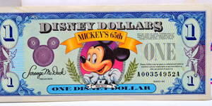 ディズニーダラー　1ドル札（1993年） $1 紙幣　ミッキーマウス　６５周年　Disney Dollars