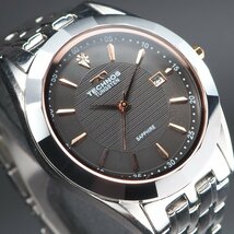 TECHNOS テクノス TUNGSTEN タングステン T9649 SS QZ 透明石 3針 デイト ピンクゴールドカラー メンズ 腕時計 「23928」_画像3