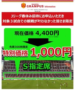 Ｊ1リーグ 2024年4月7日（日）15:00 キックオフ名古屋グランパス×アビスパ福岡 豊田スタジアム 特別価格チケット