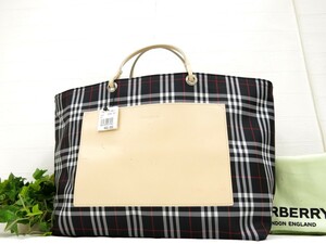 BURBERRY バーバリー◆ナイロンキャンバス レザー 本革◆ハンド トート バッグ◆ブラック SV金具◆保管 未使用品◆ノバチェック◆N7623