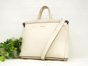 FURLA フルラ◆レザー 本革◆2way ハンド ショルダー バッグ◆ライトベージュ ゴールド金具◆超美品◆ロゴ金具◆肩掛け◆N7752