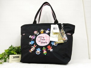 LeSportsac レスポートサック◆ディズニーコラボ◆ナイロン◆トート バッグ◆黒 ピンク SV金具◆保管 未使用品◆It's a Small World◆N7771