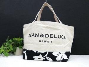 DEAN & DELUCA ディーンアンドデルーカ◆キャンバス◆トート バッグ◆アイボリー ブラック◆超美品◆ハイビスカス柄◆ハワイ限定◆N7845