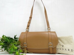 TRUSSARDI トラサルディ◆レザー 本革◆ショルダー バッグ◆キャメル シルバー金具◆超美品◆ステッチ◆肩掛け◆ロゴ型押し◆N7951