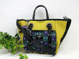 ANNA SUI Anna Sui * nylon enamel pa tent original leather *2way hand shoulder bag * yellow black green purple * unused goods * butterfly Heart *N7920