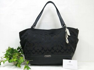 COACH コーチ◆シグネチャー F23297◆キャンバス カーフ レザー 本革◆トート ショルダー バッグ◆ブラック◆超美品◆ロゴ金具◆N7937