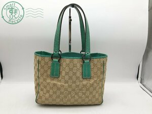 2404600492　＊ GUCCI グッチ 113019 3444 トートバッグ ベージュ グリーン キャンバス レザー ハンドバッグ 肩掛け レディース 中古