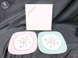 2404601293　 ▽ Noritake ノリタケ ケーキ皿 2枚セット 洋食器 デザート皿 取り皿 プレート ピンク系 ミント系 ホワイト 白 中古