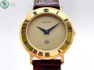 2404601769　＃ 1円～！ GUCCI グッチ 3000L クォーツ QZ 2針 アナログ 腕時計 ゴールド文字盤 ローマン 純正ベルト ヴィンテージ 中古