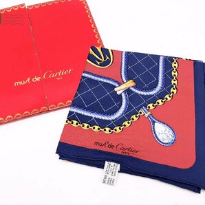 2404602093  ▽ カルティエ Cartier スカーフ レッド系 ネイビー系 横 約82cm、縦 約80.0cm ブランド 中古 ヴィンテージの画像1