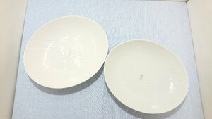 【未使用】波文　釉変り組鉢　深皿　大皿　ボウル　盛り付け皿　2枚　白磁　青磁　木箱入り♪　キングラム（イ）