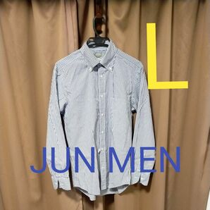 Lサイズ　コットン100%　ボタンダウンシャツ　JUN MEN ブルー系ギンガムチェックシャツ　