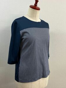 ハンドメイド*さらりと肌触りの良いシンプルな七分袖Tシャツ　紺系ストライプ柄　