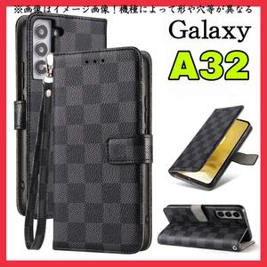 大人気　Samsung Galaxy A32ケース手帳型　黒色　チェック柄 PUレザー　高級感　 耐衝撃 サムスンギャラクシーA32カバー　ブラック