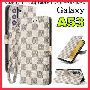 大人気　Samsung Galaxy A53ケース手帳型　白色　チェック柄 PUレザー　高級感　 耐衝撃 サムスンギャラクシーA53カバー　ホワイト　カ