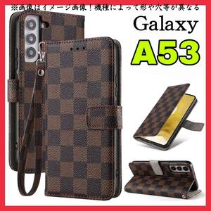 大人気　Samsung Galaxy A53ケース手帳型　茶色　チェック柄 PUレザー　高級感　 耐衝撃 サムスンギャラクシーA53カバー　ブラウン
