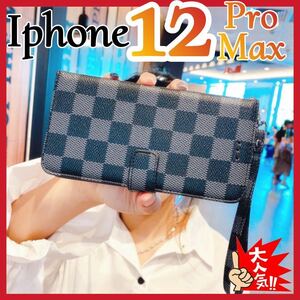 Iphone12ProMax ケース　手帳型　黒色　チェック柄 PUレザー　高級感　大丈夫　アイホン12プロマックスカバー　ブラック