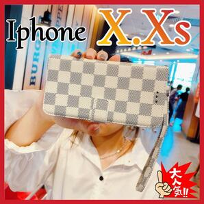IphoneXケース　iphoneXsケース　手帳型　白色　チェック柄 PUレザー　高級感　大人気　アイホンXカバー　アイホンXsカバー　ホワイト