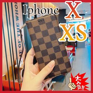 iPhoneX IphoneXsケース手帳型　茶色　チェック柄PUレザー　耐衝撃 大人気　アイホンX アイホンXsカバー　ブラウン