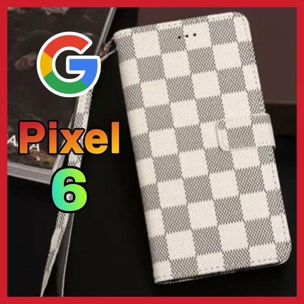 売上No1 Google Pixel 6ケース 手帳型 白色 チェック柄 PUレザー 高級感 大人気 グーグルピクセル6カバー ホワイト耐衝撃 カード収納