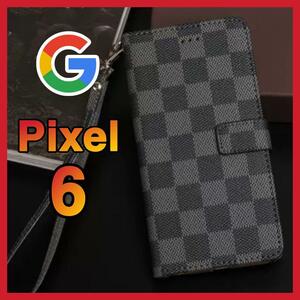 売上No1 Google Pixel 6ケース 手帳型　黒色　チェック柄 PUレザー 高級感　大人気　グーグルピクセル6カバー　 ブラック　耐衝撃 カード