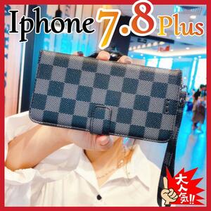 Iphone7Plus iphone8Plusケース　手帳型　黒色　チェック柄　大人気　アイホン7プラス　アイホン8プラスカバー　ブラック