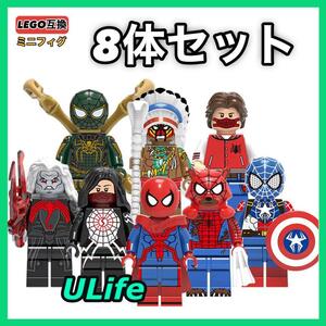 8体セット LEGO レゴ互換 ミニフィグ スパイダーマン アメリカヒーロー アベンジャーズ ヌル シルク まとめ売り