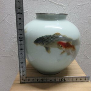 １円 安藤七宝 鯉文 花瓶 銀覆輪 美品 SILVER刻印 約15cm高 約920g 真鯉 緋鯉 安藤 七宝 鯉 双鯉 【星見】の画像10