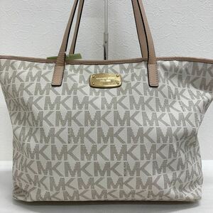 □973 MICHAEL KORS マイケルコース レディース トートバッグ ホワイト ベージュ系 ロゴ レザーハンドル 大容量 A4収納可