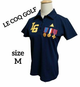 美品 LE COQ GOLFルコックゴルフ ポロシャツ ロゴワッペン ネイビーM