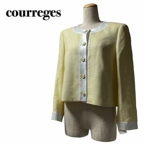 未使用タグ付き courreges クレージュ ツイード ノーカラージャケット ラメ入り 金ボタン M 黄色イエロー