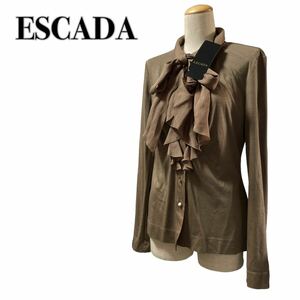 未使用タグ付き ESCADA エスカーダ 長袖ブラウス フリル ボウタイ付き 38 M リボン ブラウン シルク