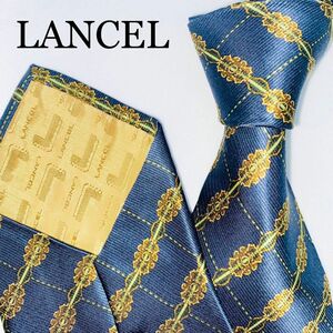 LANCEL シルクネクタイ　高級　チェック柄　総柄　絹100% 日本製　紺色 ネクタイ シルク ネイビー　ビジネス