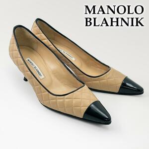 マノロブラニク MANOLO BLAHNIK パンプス キルティング バイカラー ベージュ 黒 ラムレザー ポインテッドトゥ ピンヒール パテント 38.5