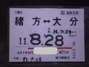 JR九州　緒方駅発行 通勤定期券 緒方⇔大分