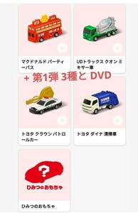 「ひみつのおもちゃ」付!マクドナルド ハッピーセット トミカ 第2弾5種 コンプリート パトロールカー パーティーバス ミキサー車 清掃車他